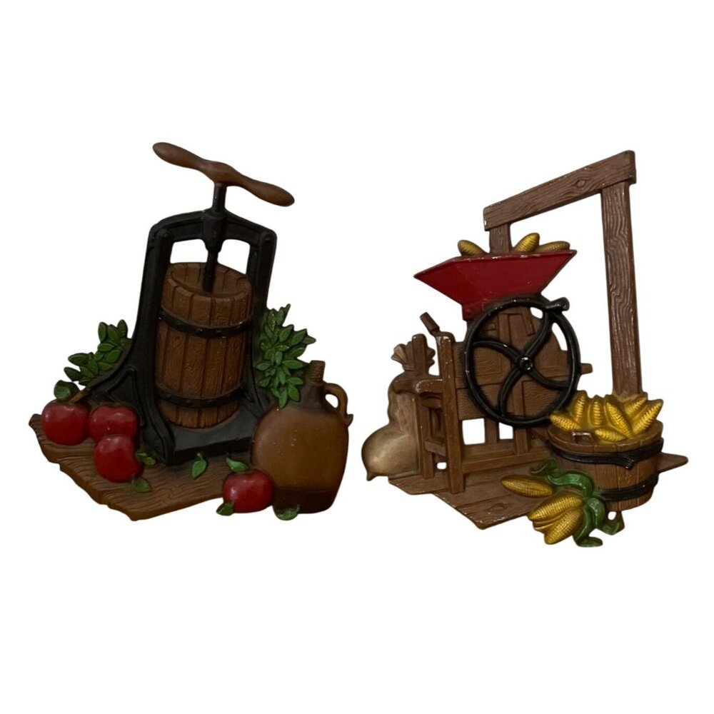 Vintage Homco Apple Cider Press Corn Mill 1978 Metal Wall Hanging Decor Set